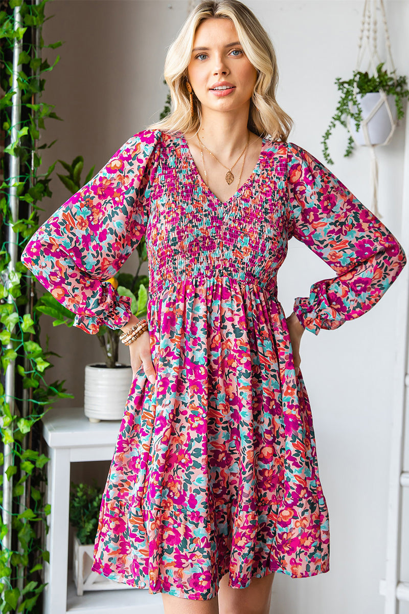 Floral Smocked V-Neck Flounce Sleeve Dress