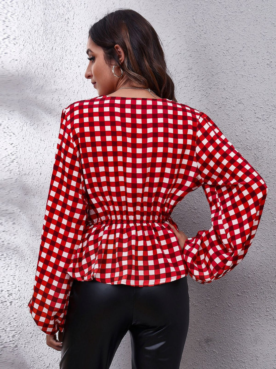 Ruched Printed V-Neck Long Sleeve Blouse Burgundy