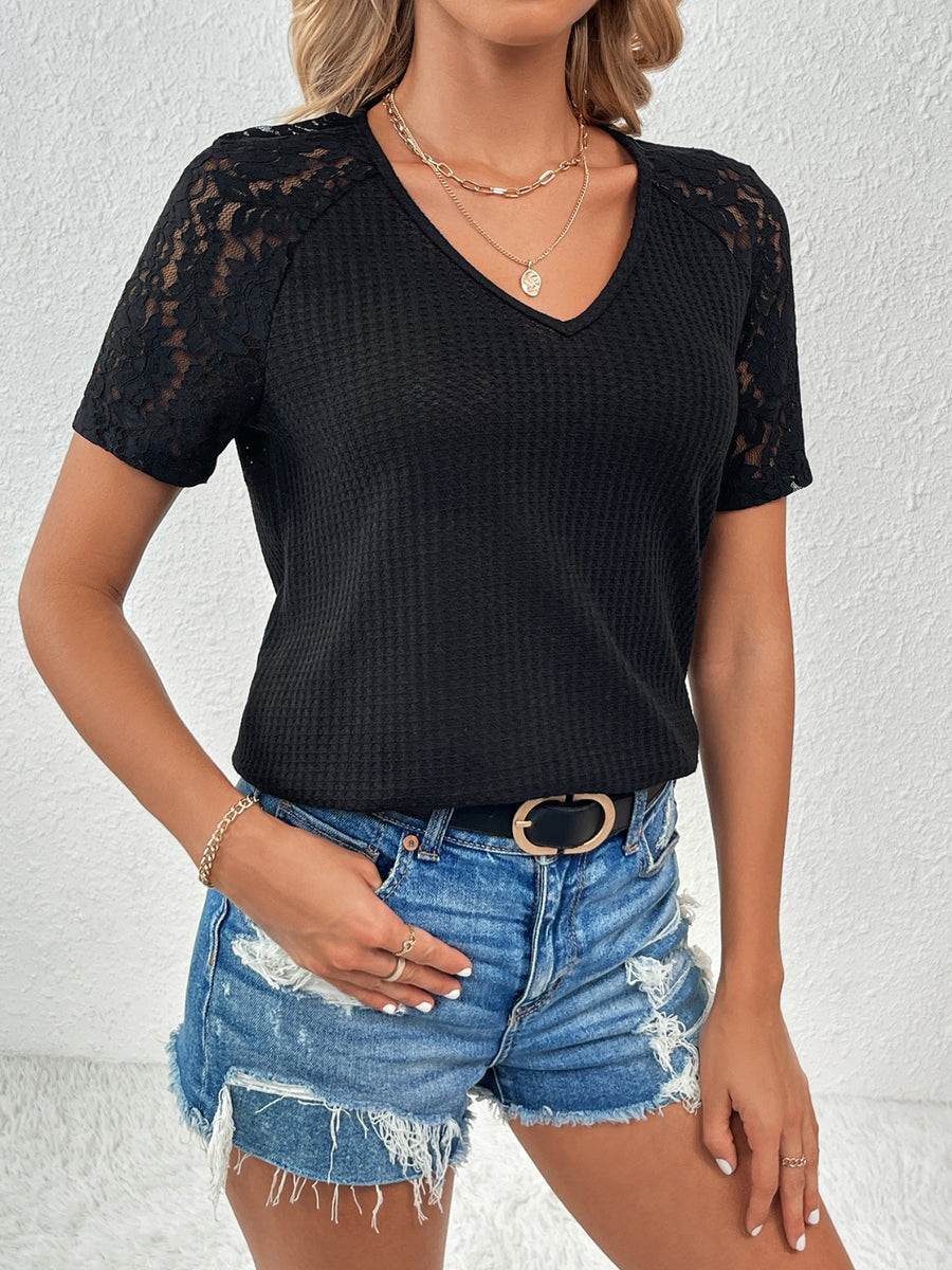 Ivy Lane Lace Detail V-Neck Short Sleeve T-Shirt Black