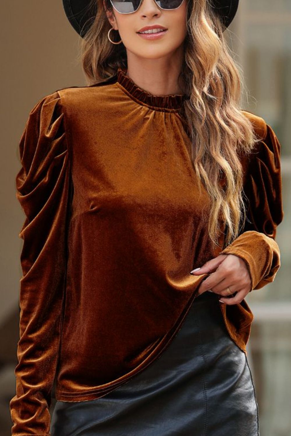 Frill Mock Neck Puff Sleeve Blouse Brown