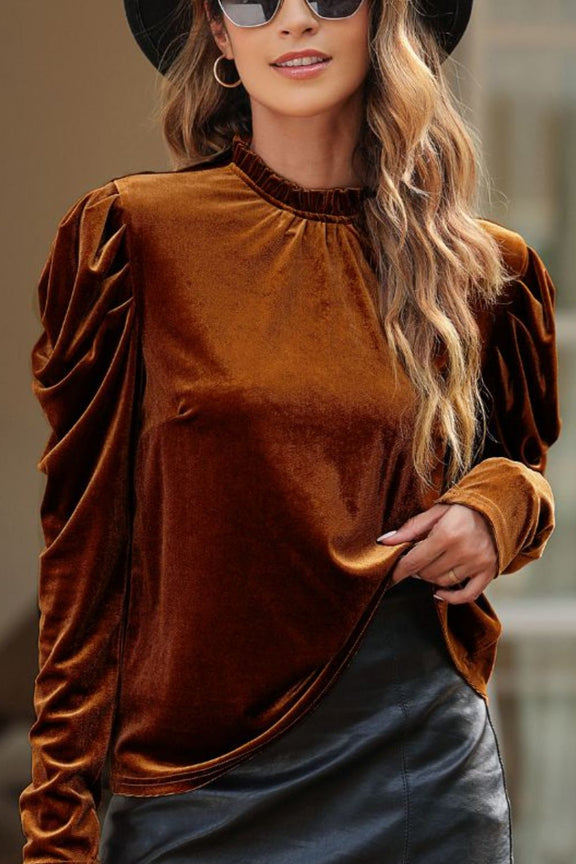 Frill Mock Neck Puff Sleeve Blouse Brown