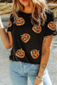 Sequin Pumpkin Round Neck Short Sleeve T-Shirt Black