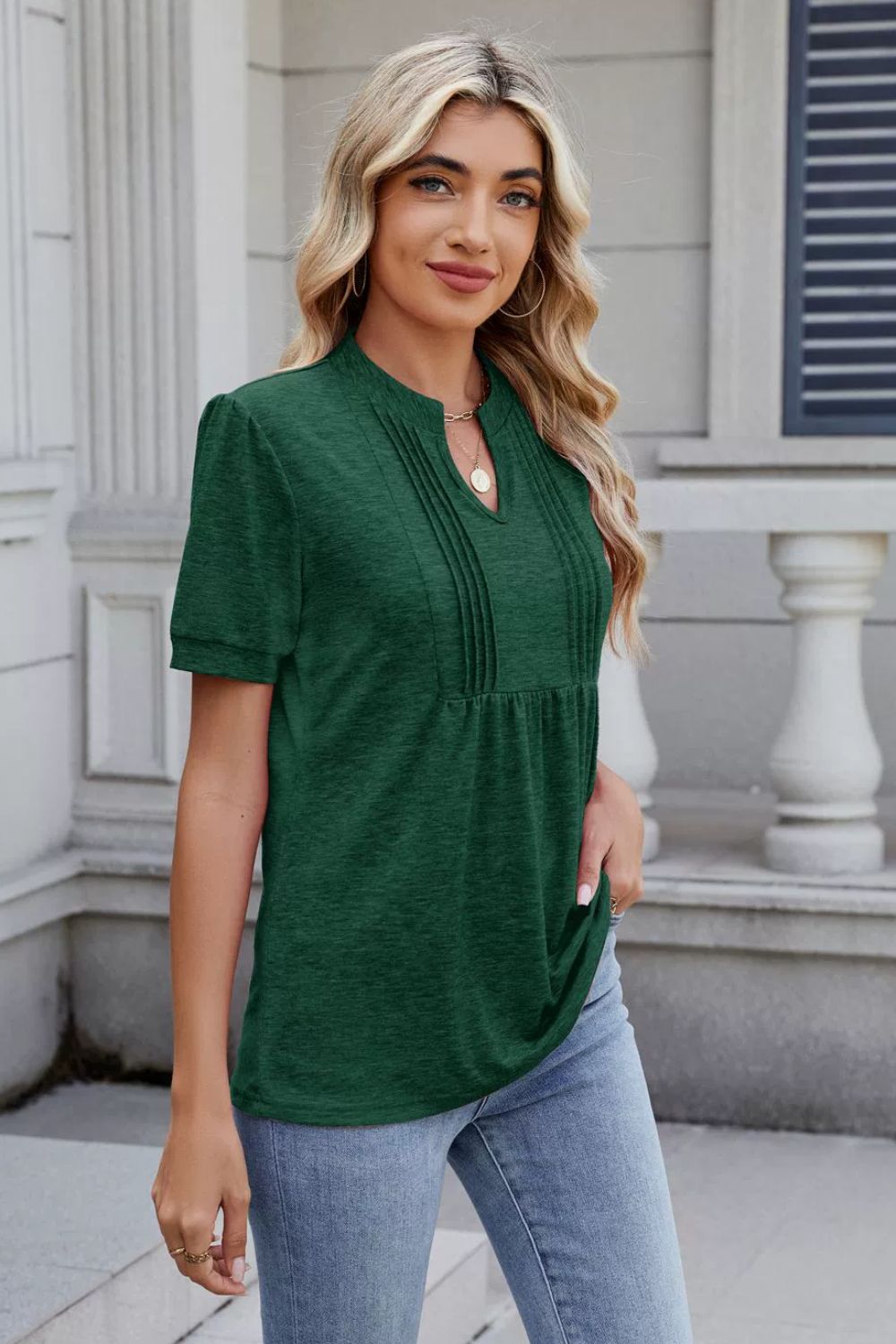 Notched Short Sleeve Top Dark Green