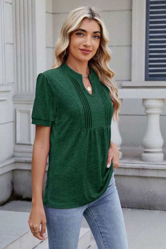 Notched Short Sleeve Top Dark Green