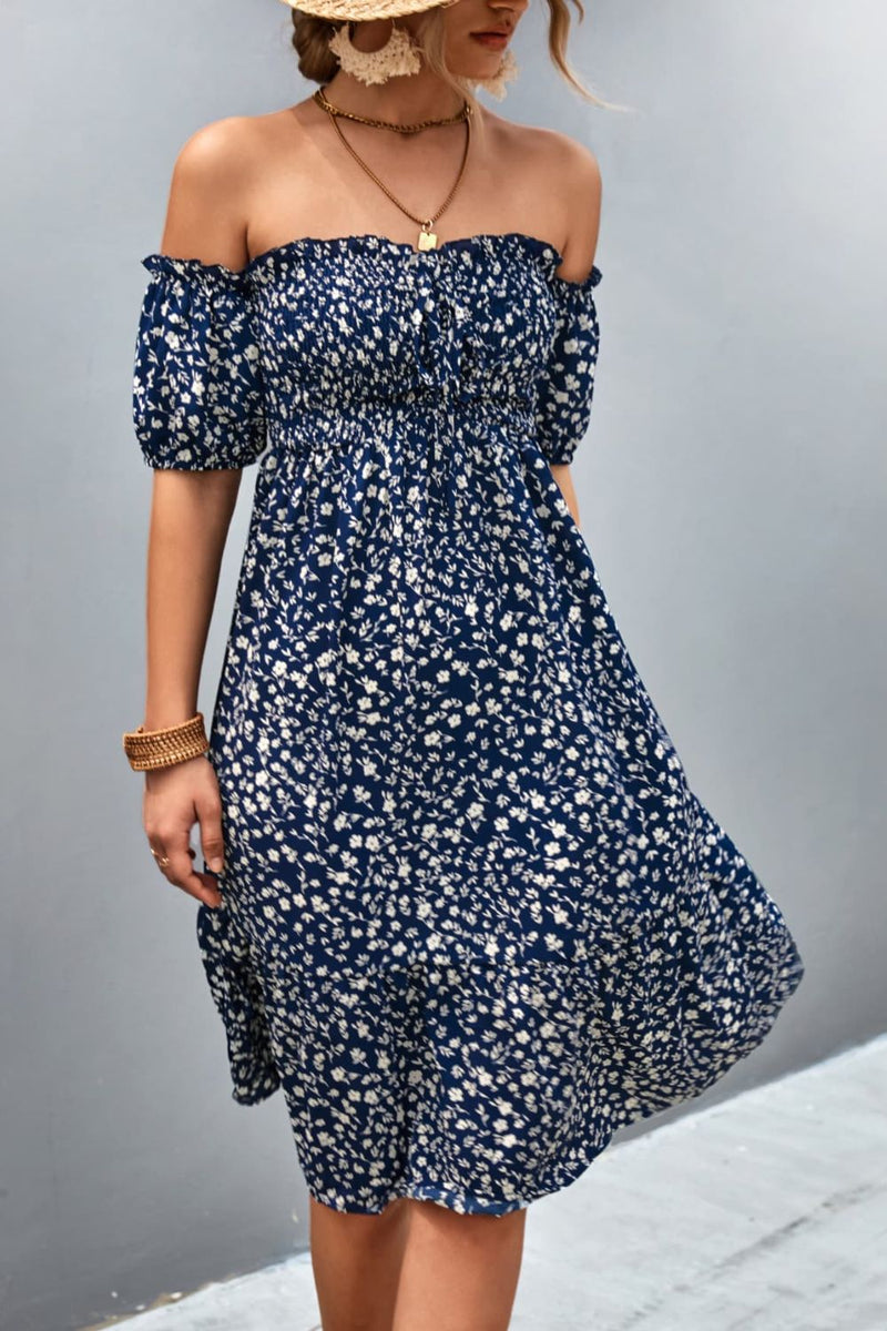 Ditsy Floral Smocked Frill Trim Off-Shoulder Dress Dark Blue