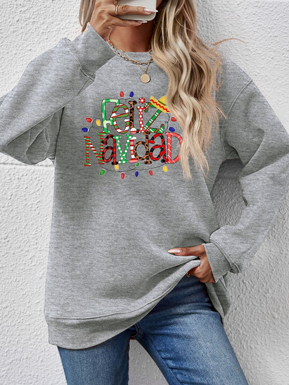 FELIZ NAVIDAD Round Neck Drop Shoulder Sweatshirt Charcoal