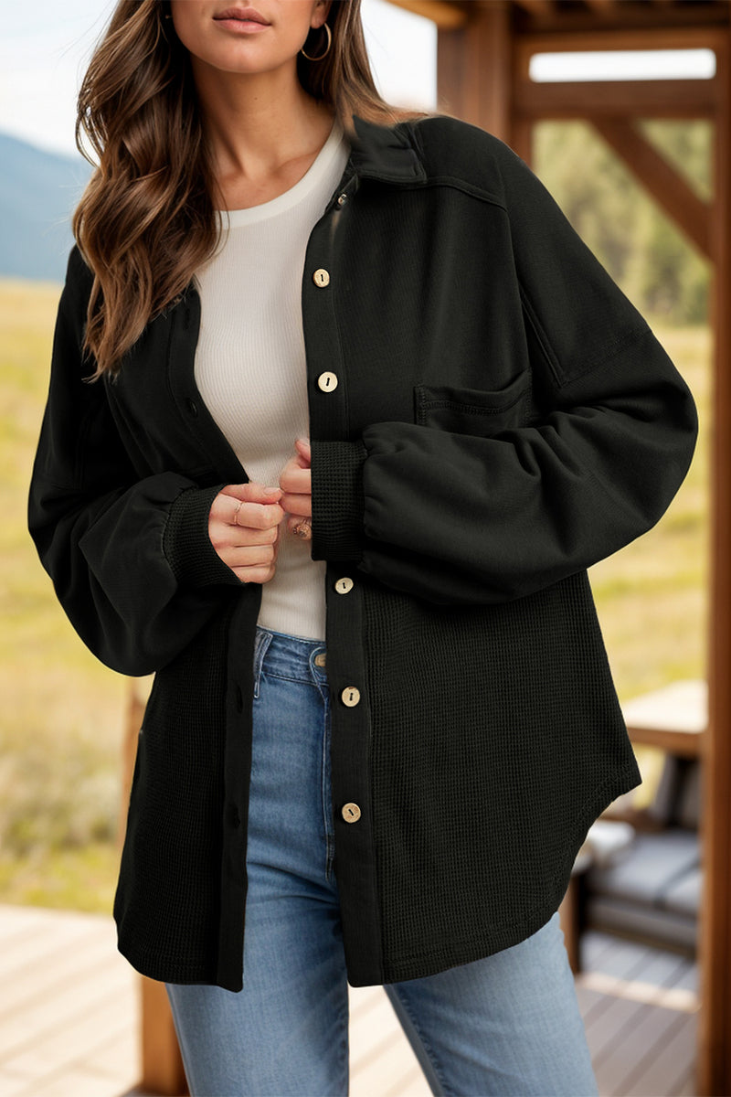 Waffle-Knit Collared Neck Long Sleeve Shacket Black