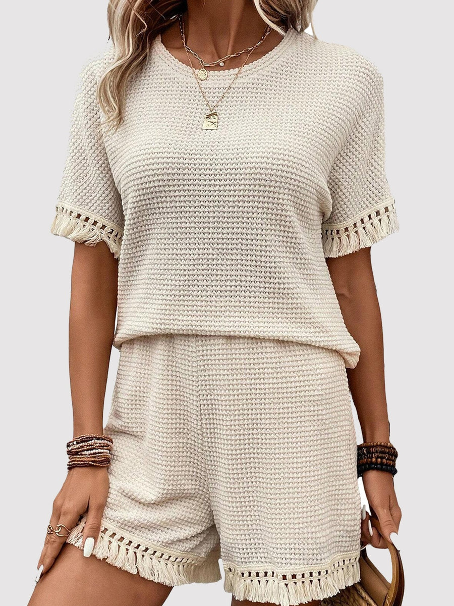 Tassel Round Neck Top and Shorts Set Cream