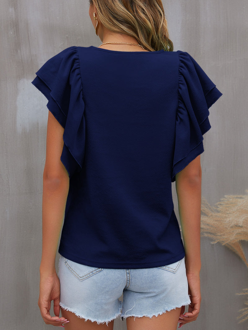 FAM-FAM Round Neck Flounce Sleeve Blouse