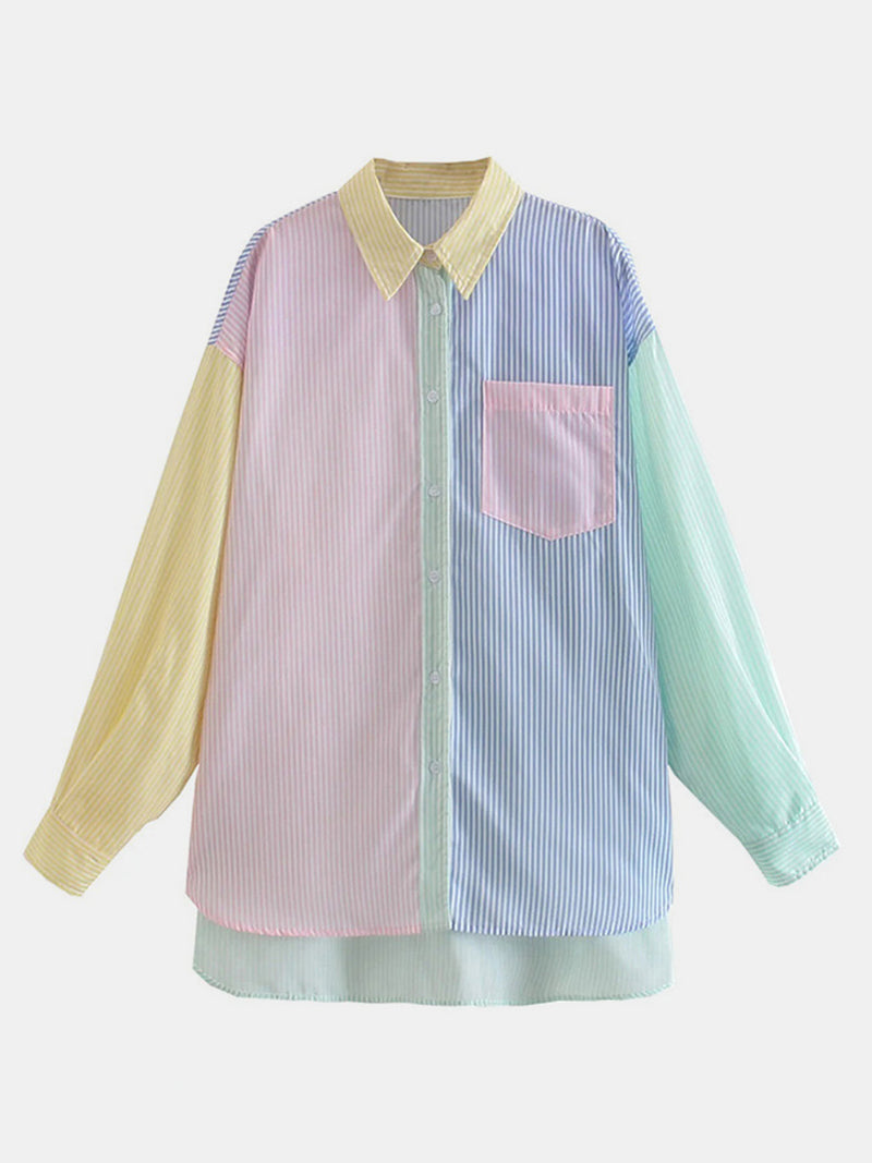 Pocketed Color Block Long Sleeve Shirt