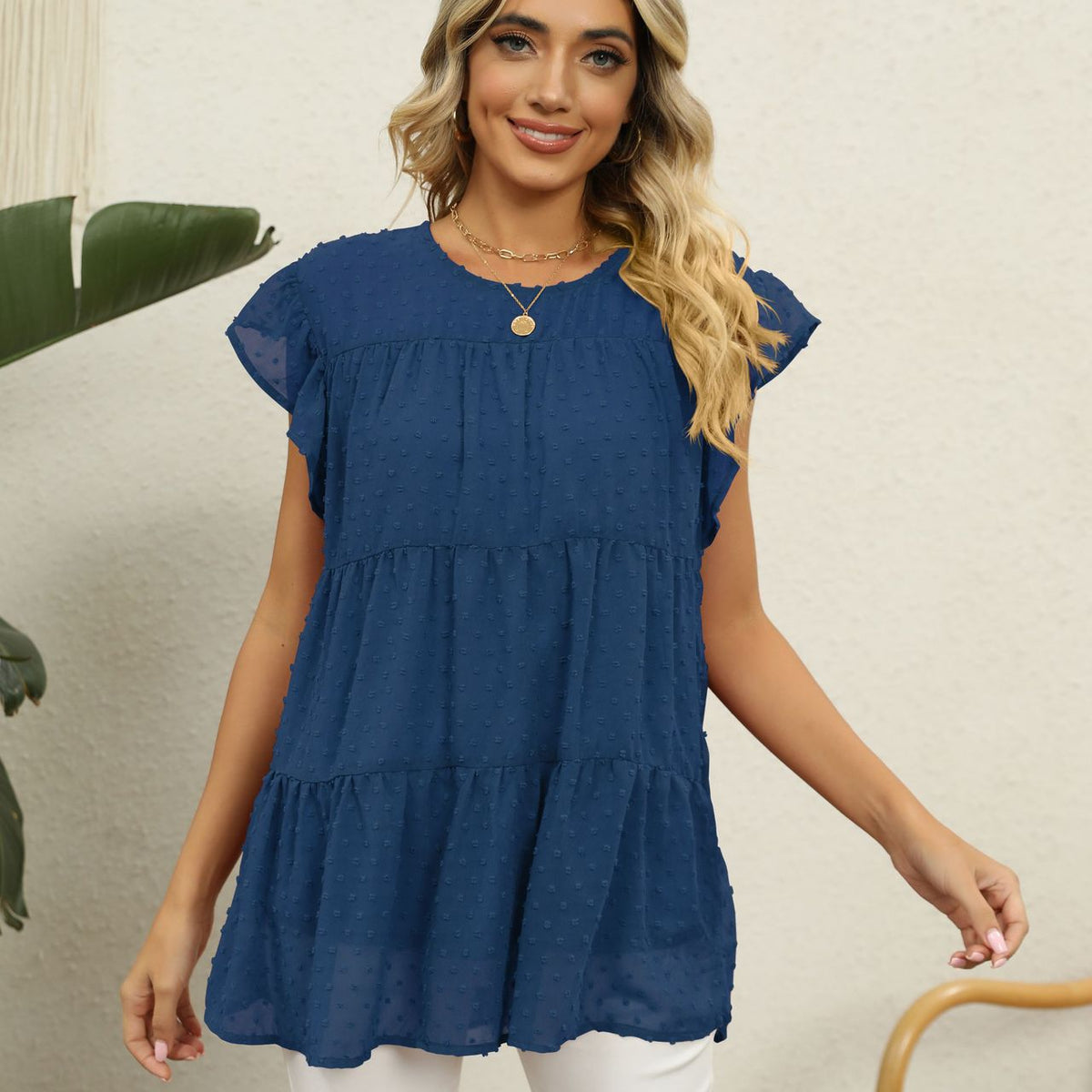 Swiss Dot Round Neck Tiered Blouse Peacock Blue