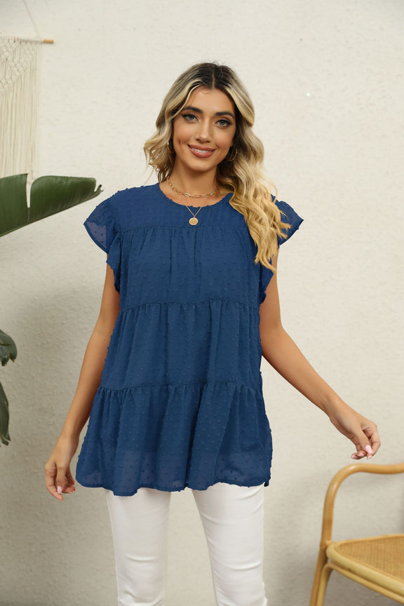 Swiss Dot Round Neck Tiered Blouse Peacock Blue