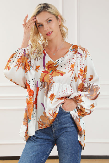 Printed V-Neck Smocked Balloon Sleeve Blouse