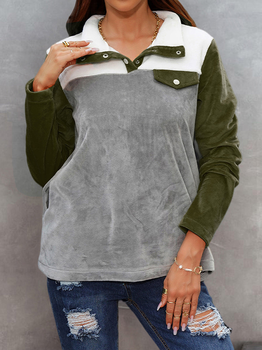 Shiny Color Block Collared Sweatshirt with Pockets Moss