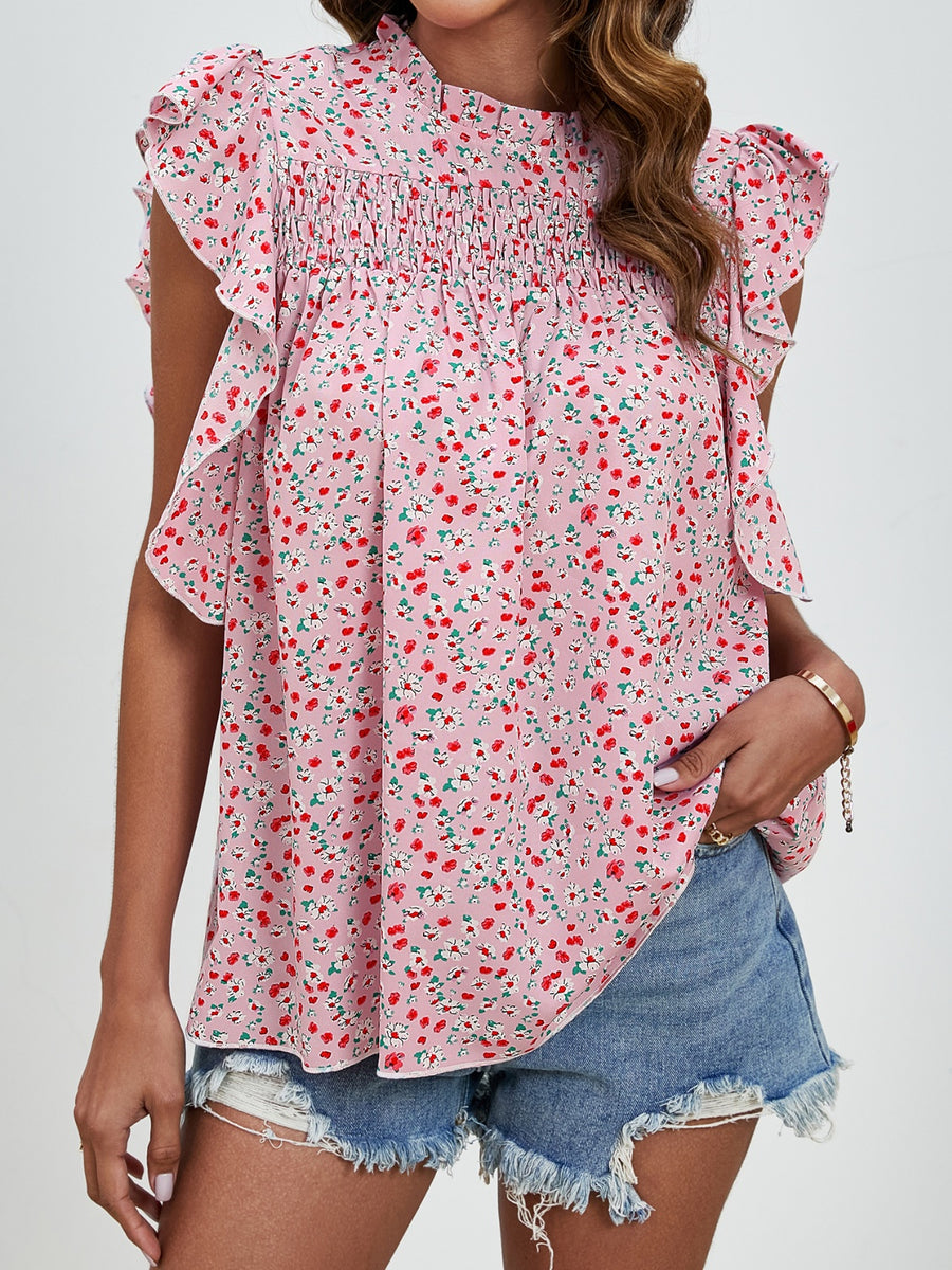 Ruffled Ditsy Floral Mock Neck Cap Sleeve Blouse Blush Pink
