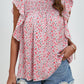 Ruffled Ditsy Floral Mock Neck Cap Sleeve Blouse