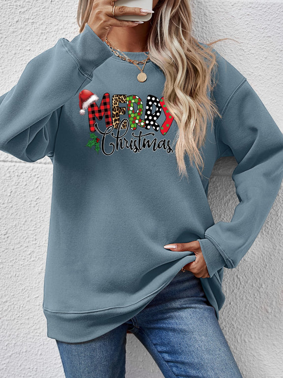 MERRY CHRISTMAS Round Neck Dropped Shoulder Sweatshirt French Blue