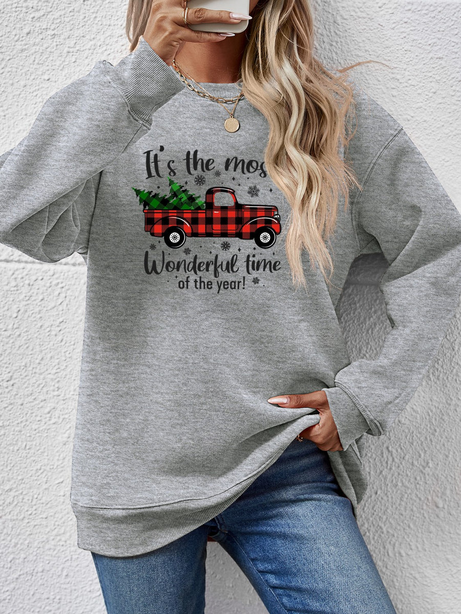 Graphic Round Neck Long Sleeve Sweatshirt Charcoal