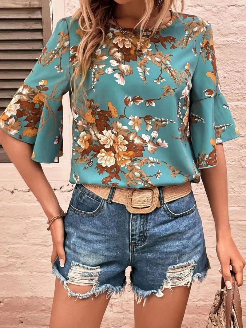 Printed Round Neck Half Sleeve Blouse Turquoise