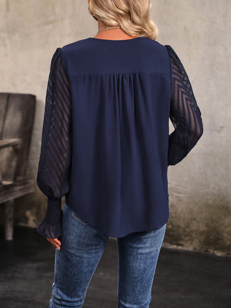 Perfee V-Neck Long Mesh Sleeve Top