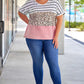 Plus Size Striped Leopard Round Neck Half Sleeve T-Shirt