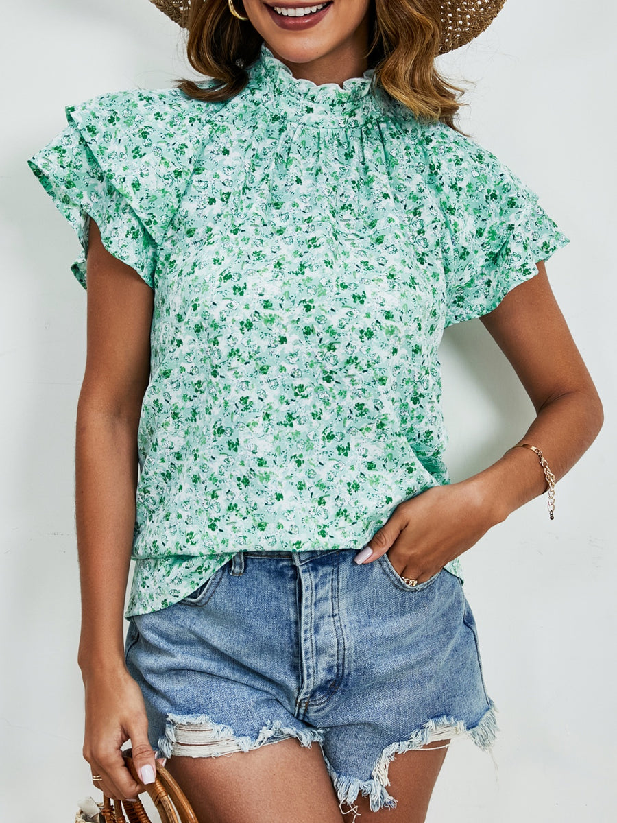 Ditsy Floral Mock Neck Flounce Sleeve Blouse Light Green