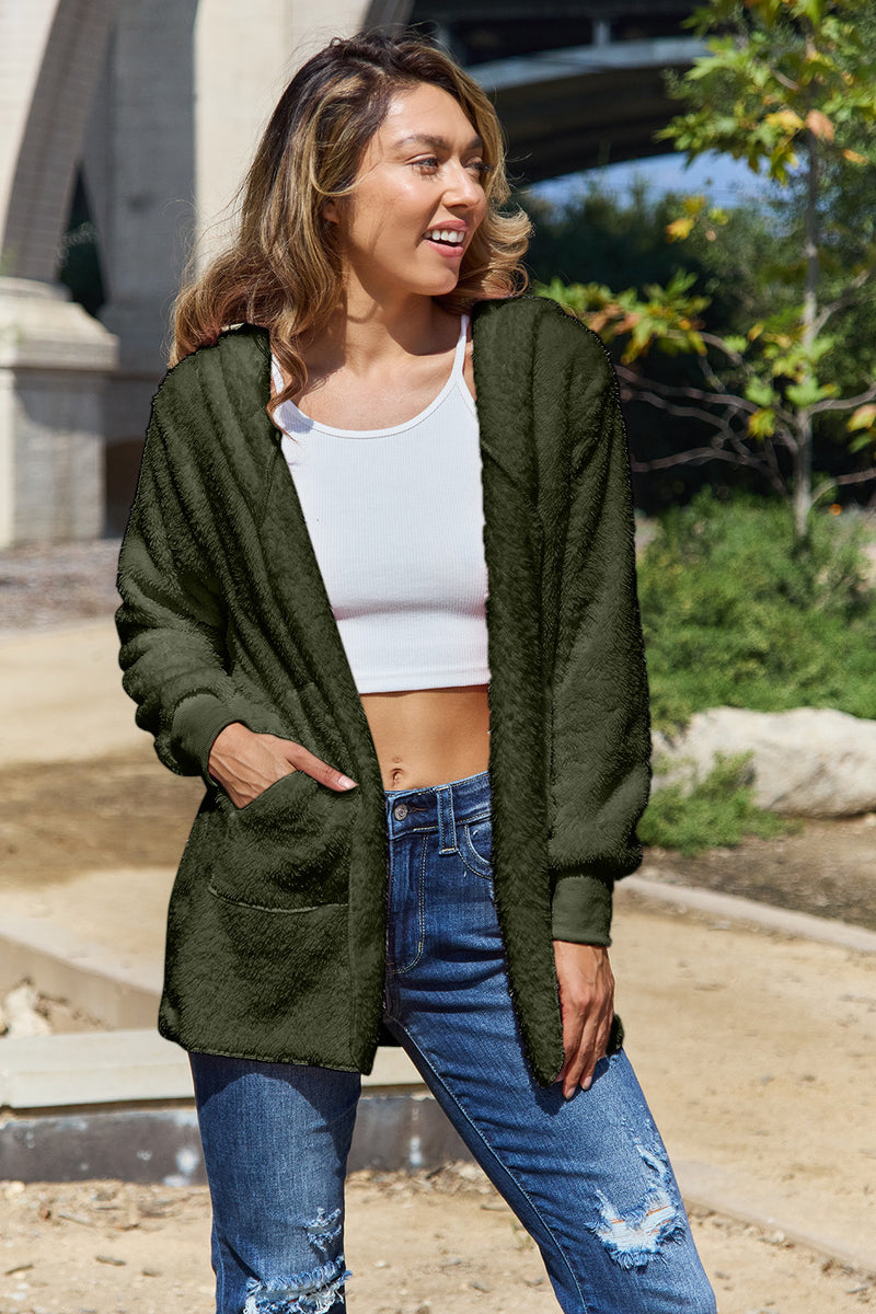 Full Size Teddy Hooded Jacket with Pockets Army Green