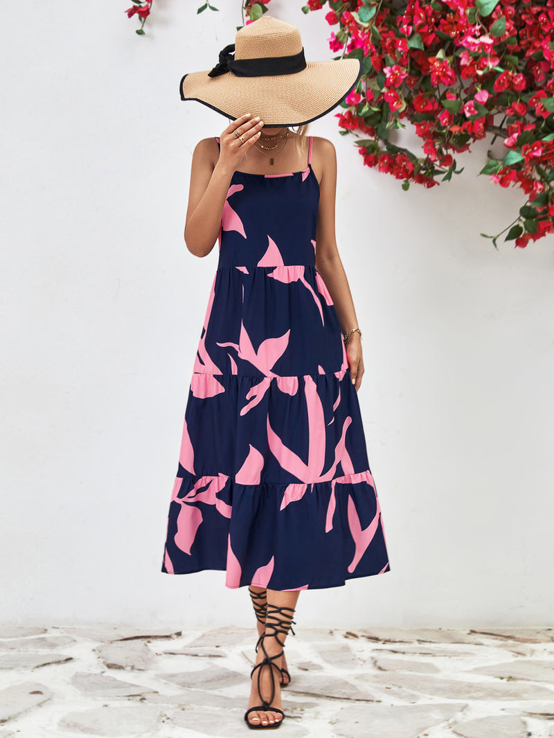 Printed Spaghetti Strap Tiered Midi Dress