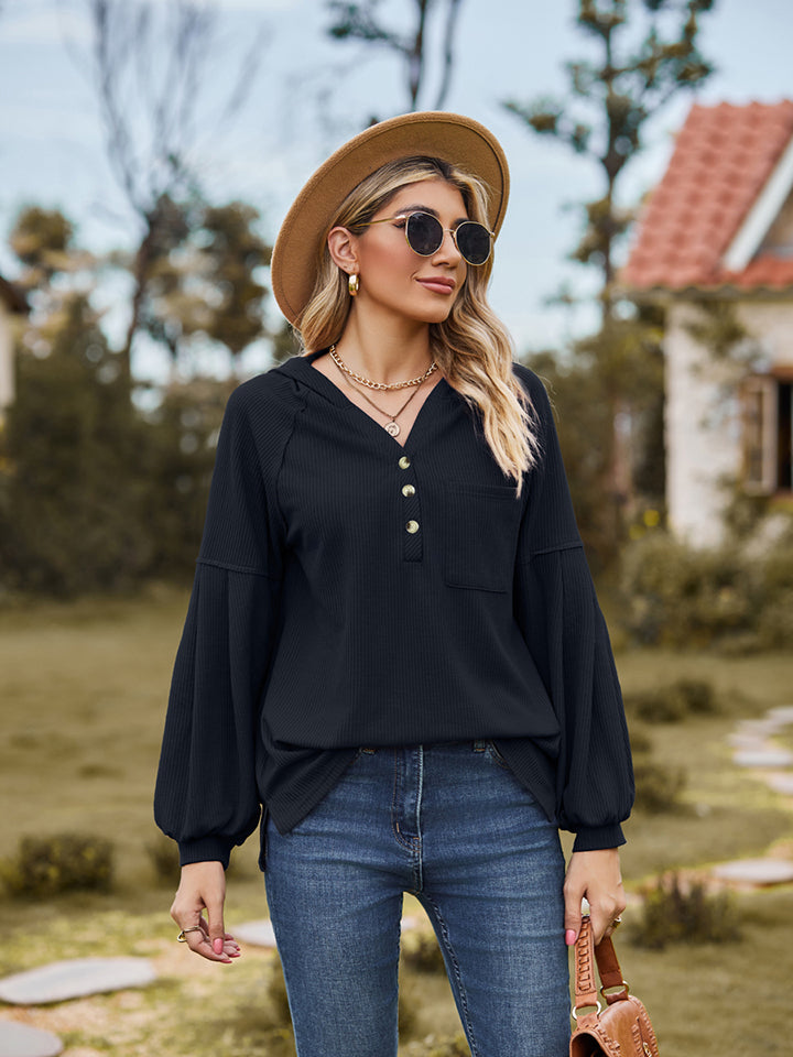 Dropped Shoulder Button-Down Hoodie Black