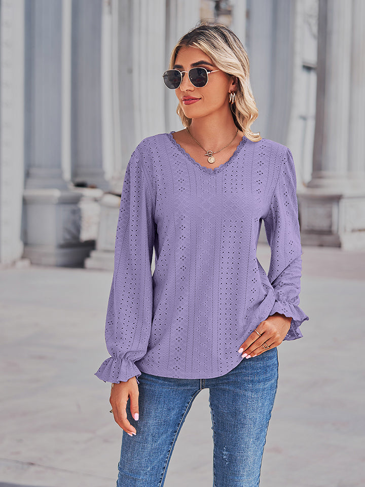 Eyelet V-Neck Flounce Sleeve Blouse