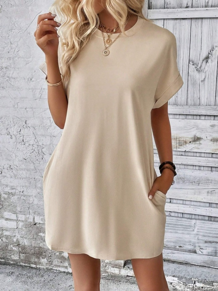 Pocketed Round Neck Short Sleeve Dress Tan