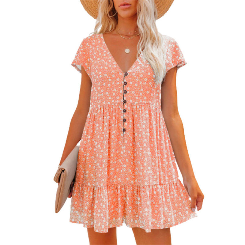 Printed V-Neck Buttoned Short Sleeve Mini Dress