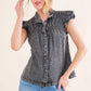 And The Why Full Size Ruffled Button Up Cap Sleeve Denim Top