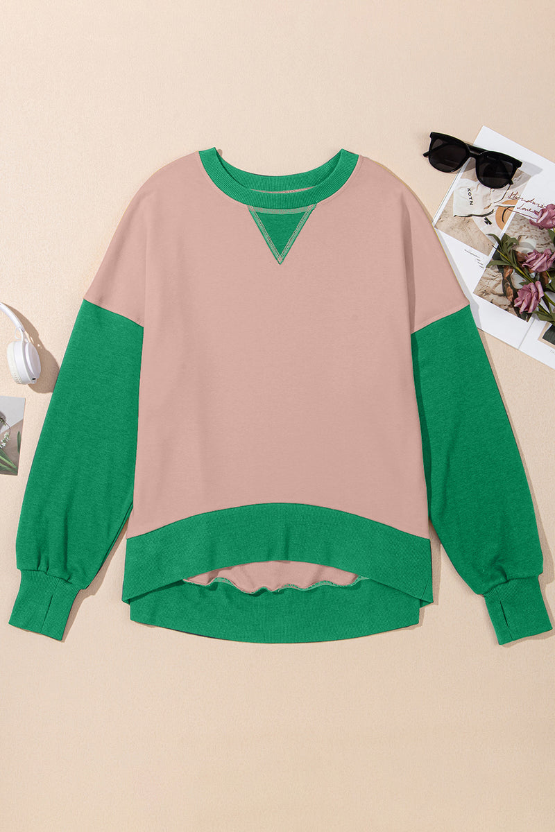 Contrast Round Neck Long Sleeve Sweatshirt Dust Storm