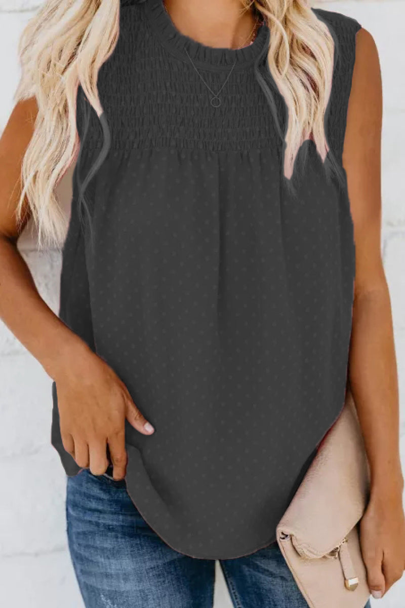 Smocked Tie Back Frill Trim Tank Black