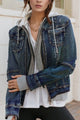 Fake Two-Piece Hooded Zip-Up Denim Jacket Dark Blue