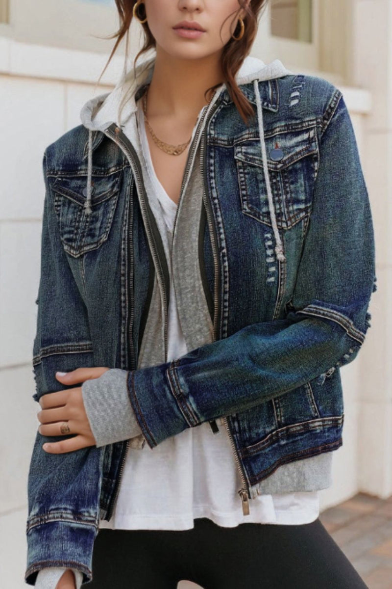 Fake Two-Piece Hooded Zip-Up Denim Jacket Dark Blue