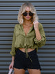 Drawstring Pocketed Button Up Denim Top Matcha Green