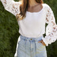 Ribbed Lace Trim Flounce Sleeve Knit Top