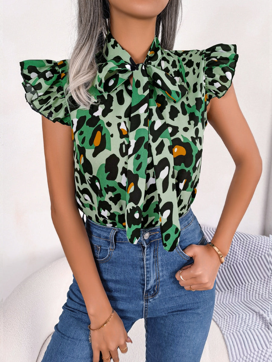 Leopard Tie Neck Cap Sleeve Blouse Green