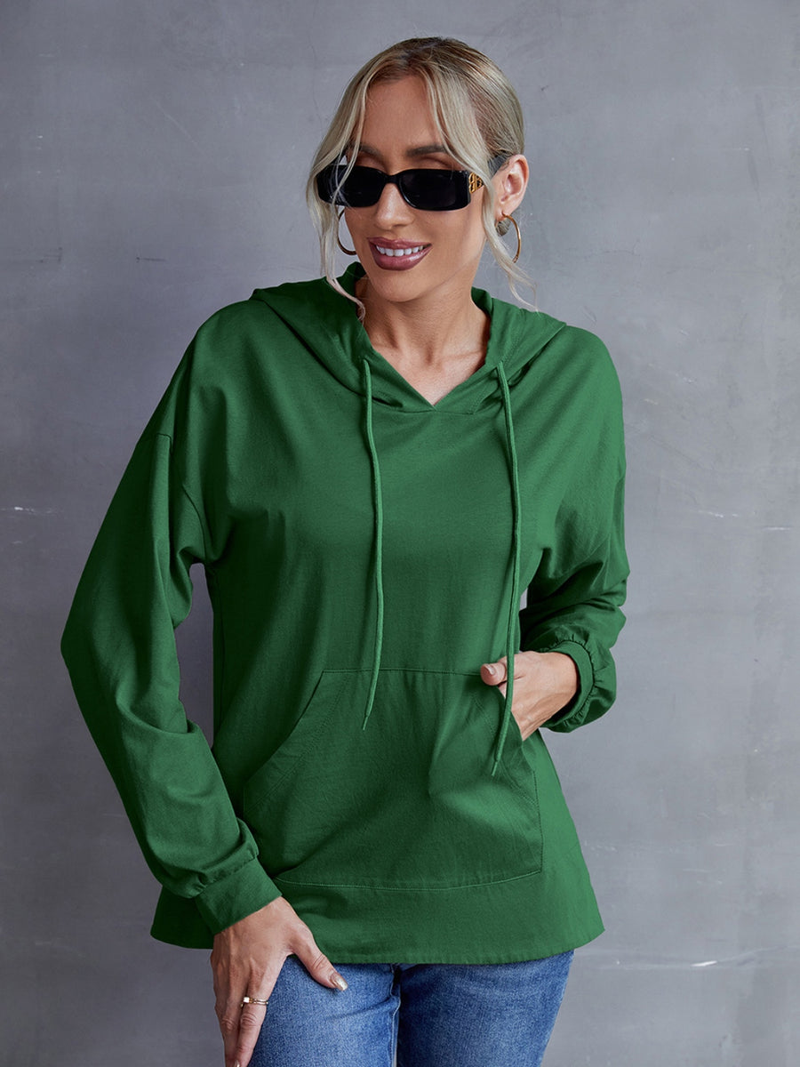 Ivy Lane Drawstring Pocketed Dropped Shoulder Hoodie Dark Green