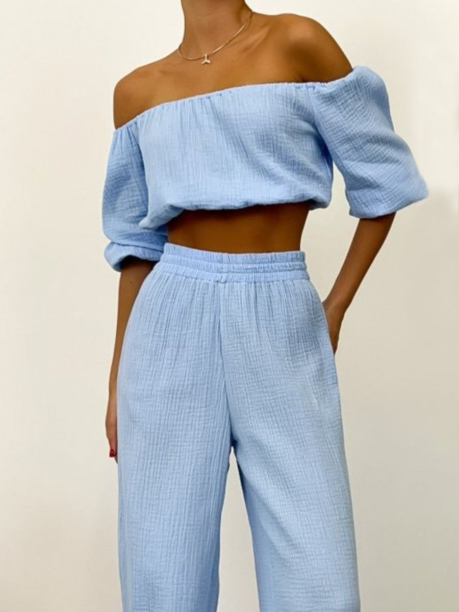 Off Shoulder Long Sleeve Top and Pants Set Light Blue
