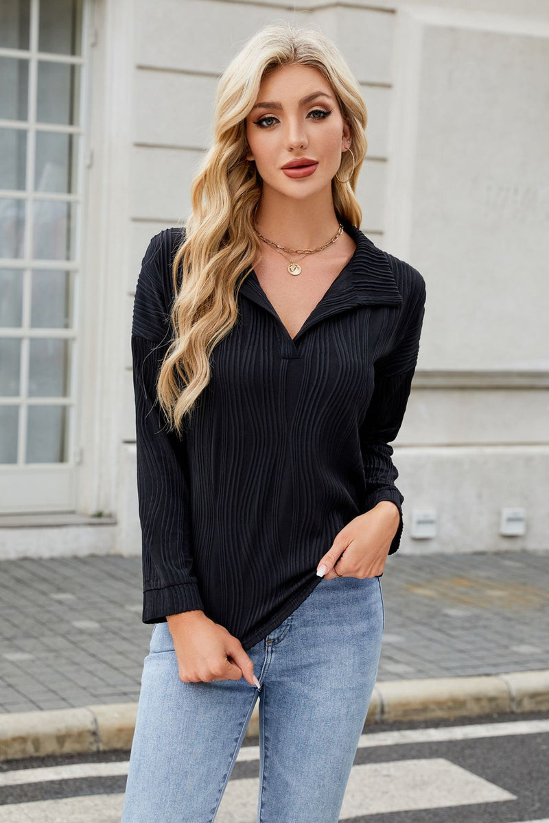 Texture Collared Neck Long Sleeve Blouse Black