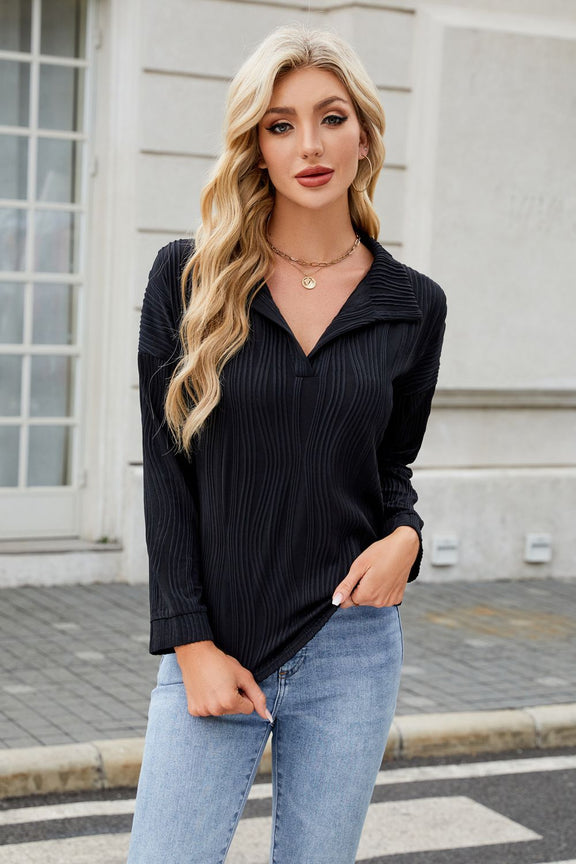 Texture Collared Neck Long Sleeve Blouse Black