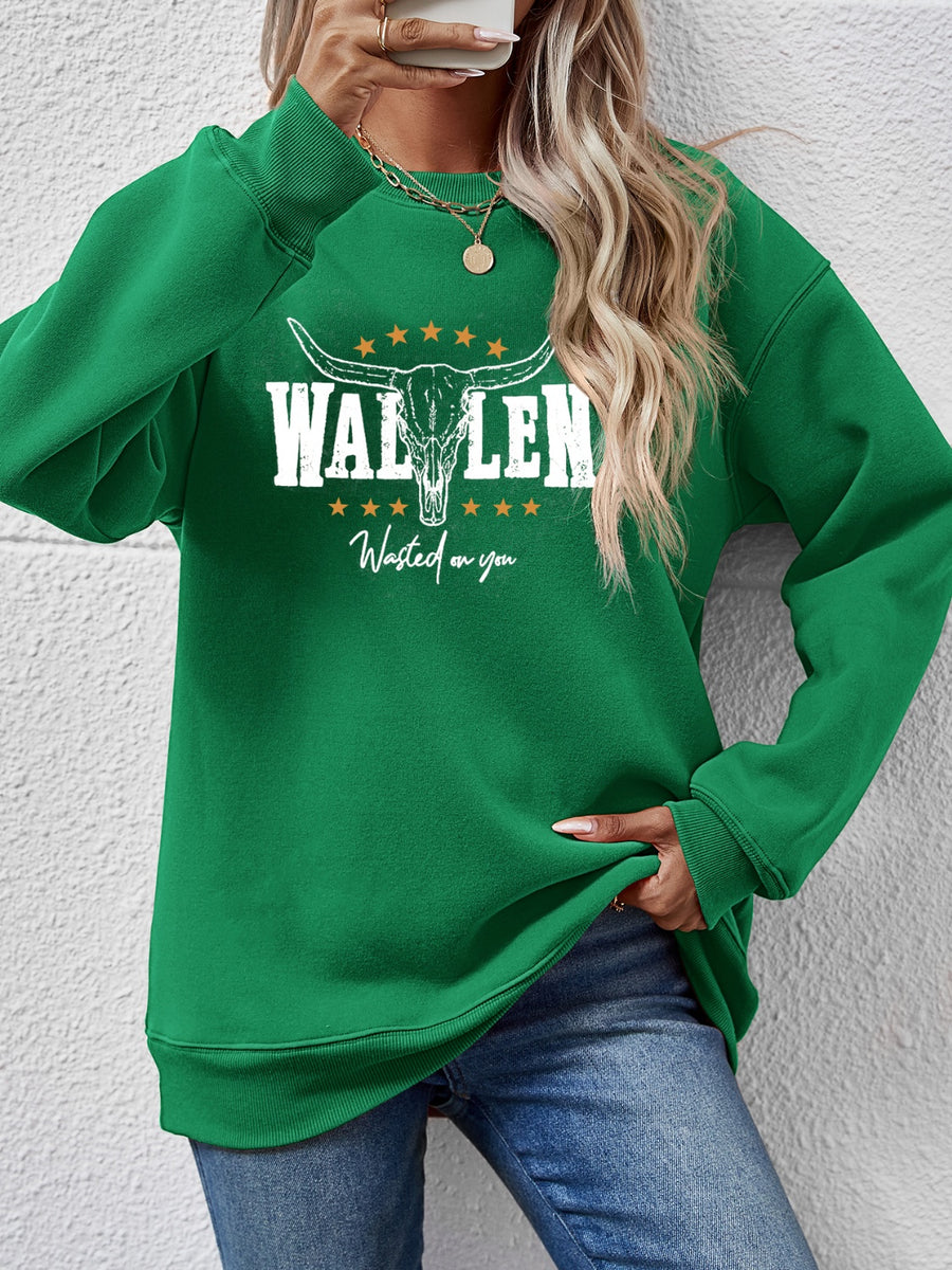 Graphic Round Neck Dropped Shoulder Sweatshirt Green