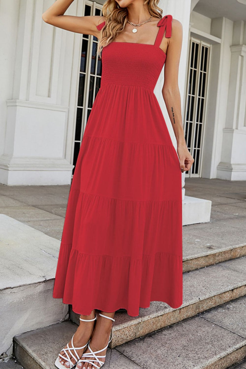Tie-Shoulder Smocked Tiered Dress Red
