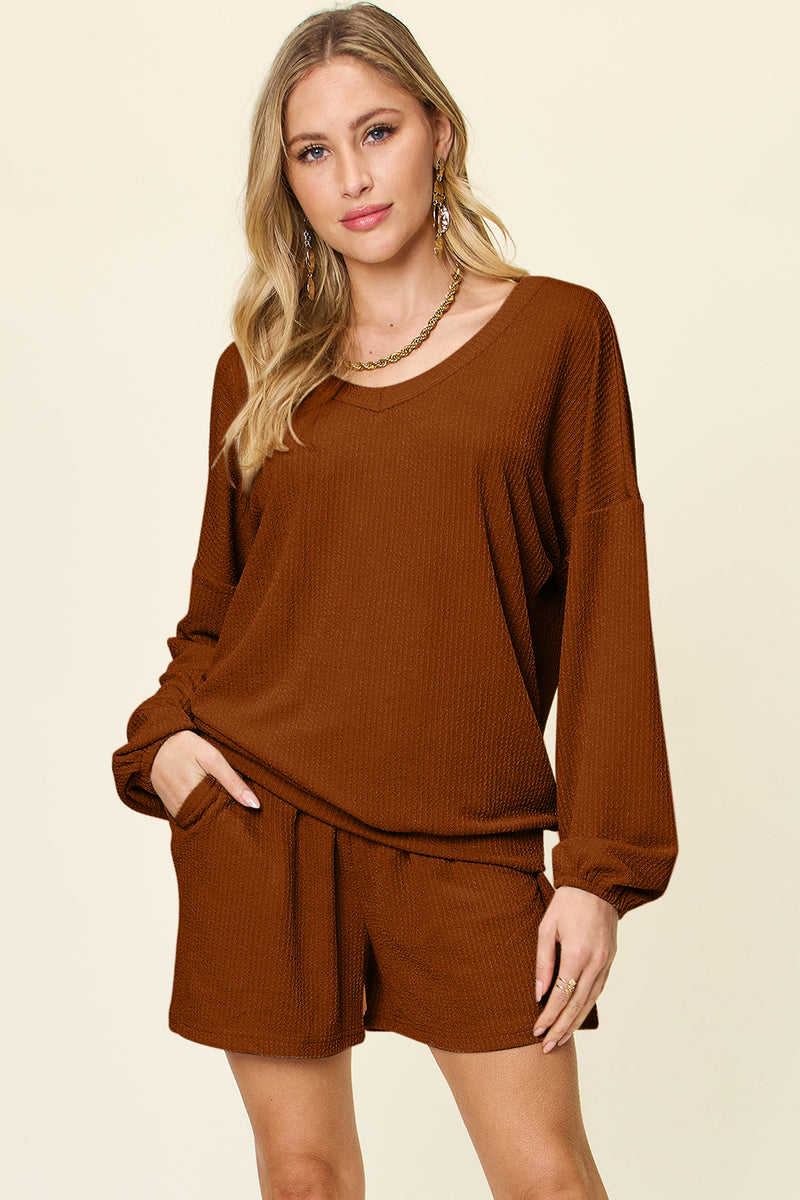 Double Take Full Size Texture V-Neck Long Sleeve T-Shirt and Shorts Set Caramel