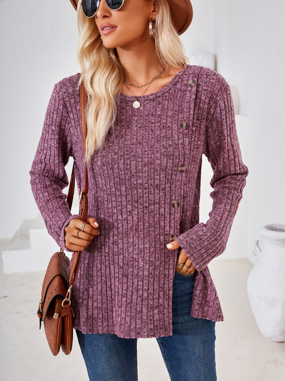 Ribbed Buttoned Round Neck Slit T-Shirt Deep Purple
