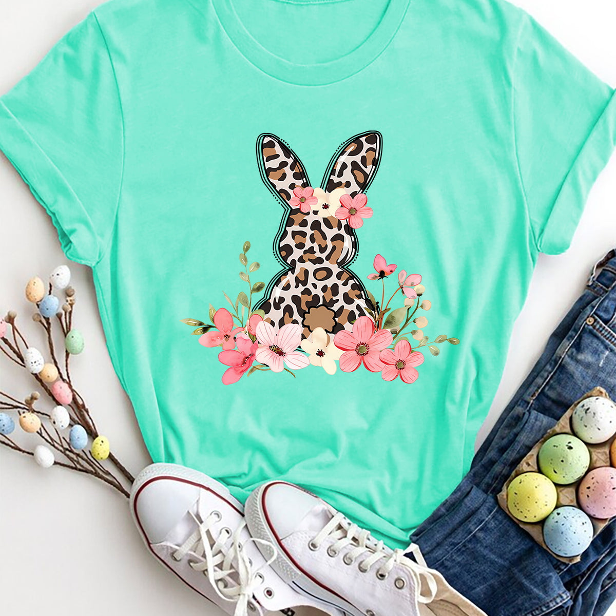 Rabbit Round Neck Short Sleeve T-Shirt Aqua