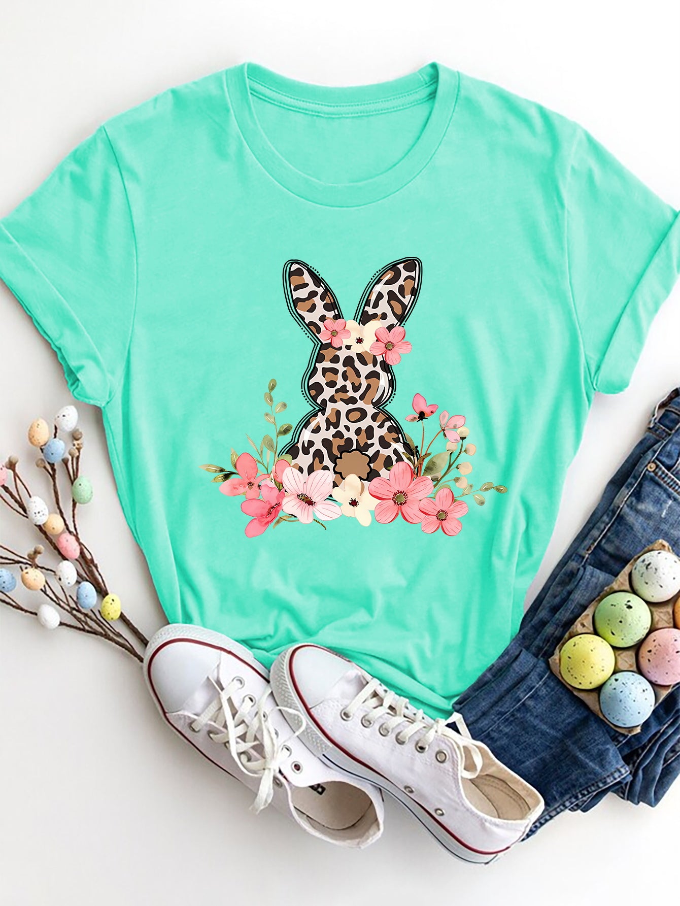 Rabbit Round Neck Short Sleeve T-Shirt Aqua